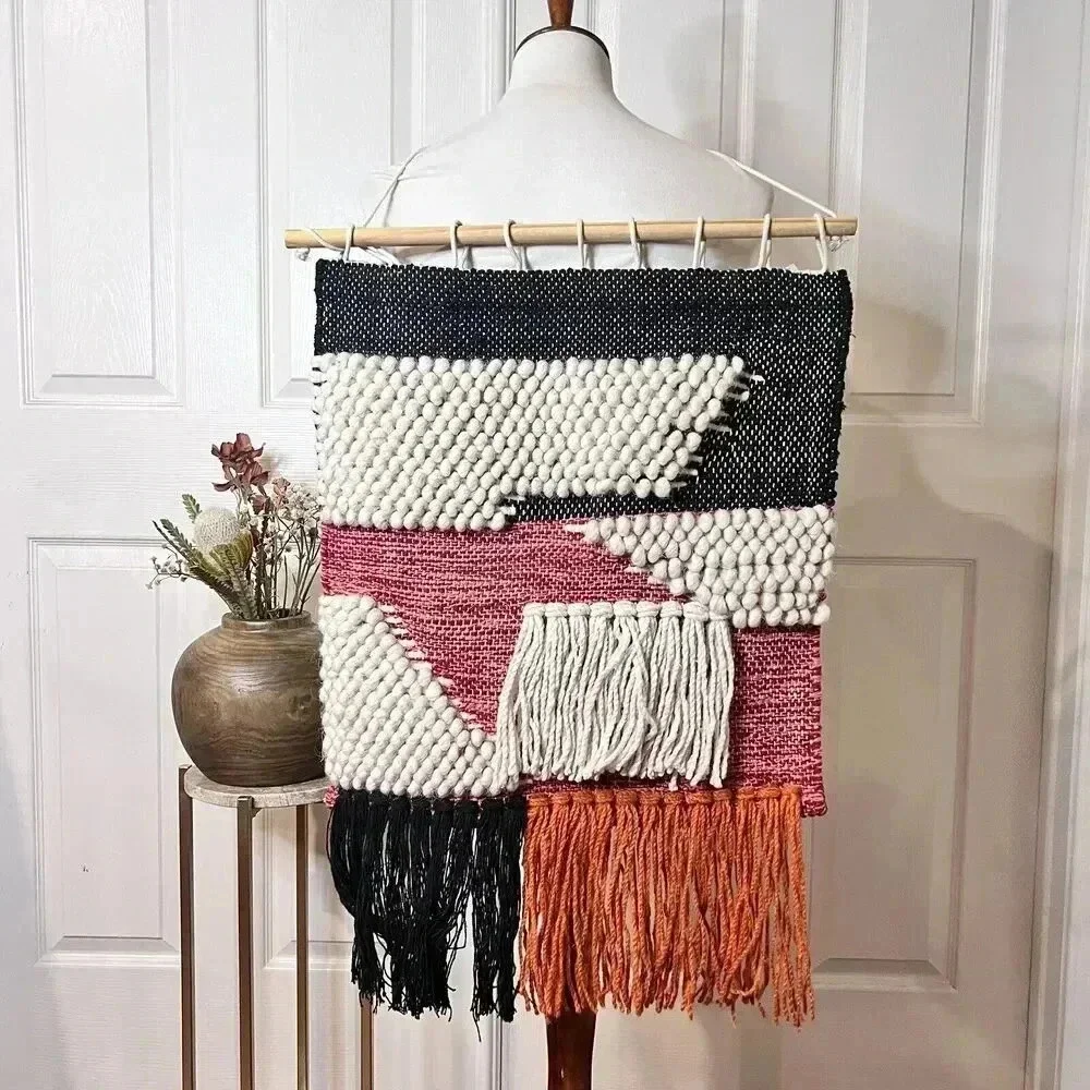 Handmade Woven Orange Cream Black Wool Tapestry Wallhanging‎ Bohemian Boho 70s